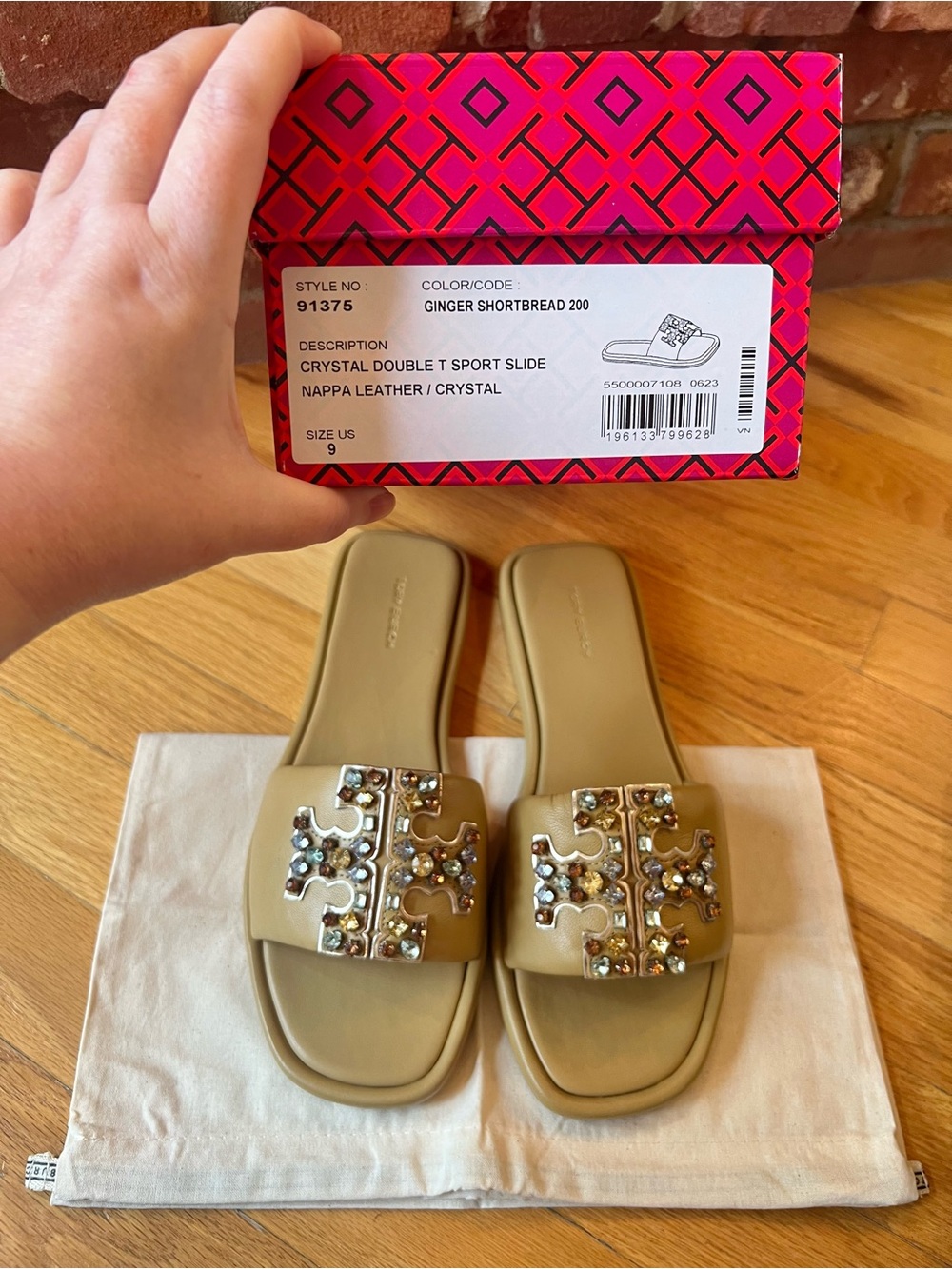 Tory Burch Ginger Shortbread Tan Crystal Double T Leather Sport Slide Sandals - Picture 10 of 11